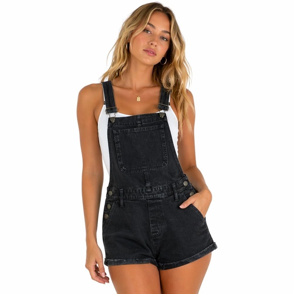Madewell Black Denim Overall Shorts Size XS Adjustable Strap Bib Shortalls